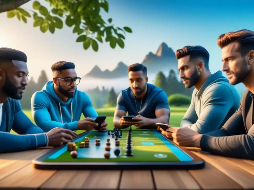 Jugando juntos en el parque: fusión de juegos de mesa y móviles Un grupo diverso disfruta de juegos de mesa móviles evolución en un parque, fusionando lo tradicional con lo moderno