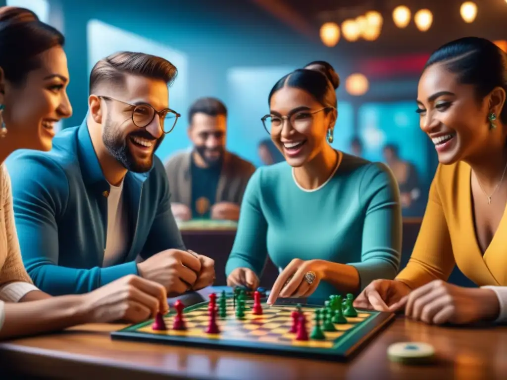 Grupo diverso disfrutando de juegos de mesa en evento lanzamiento