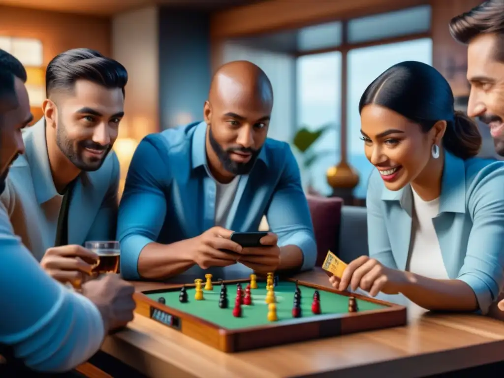Emoción compartida: Jugando juntos en casa un juego de mesa digital Grupo diverso disfrutando de juegos de mesa móviles evolución con emoción y camaradería en acogedora sala de estar