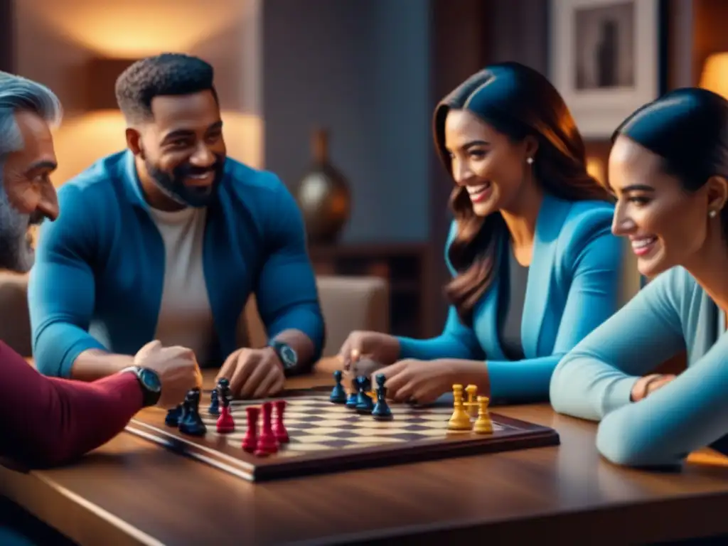 Grupo diverso disfrutando de juegos de mesa usados en noche de juegos, creando un ambiente cálido y acogedor