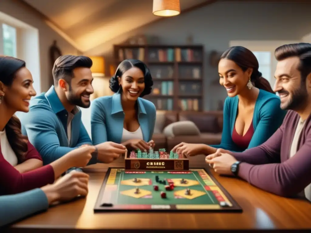 Grupo diverso disfrutando de juegos de mesa en sala acogedora