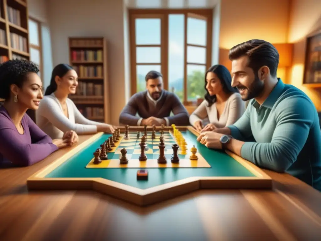Juegos educativos: diversión y aprendizaje en familia Grupo diverso disfruta juegos de mesa educativos, fomentando desarrollo cognitivo