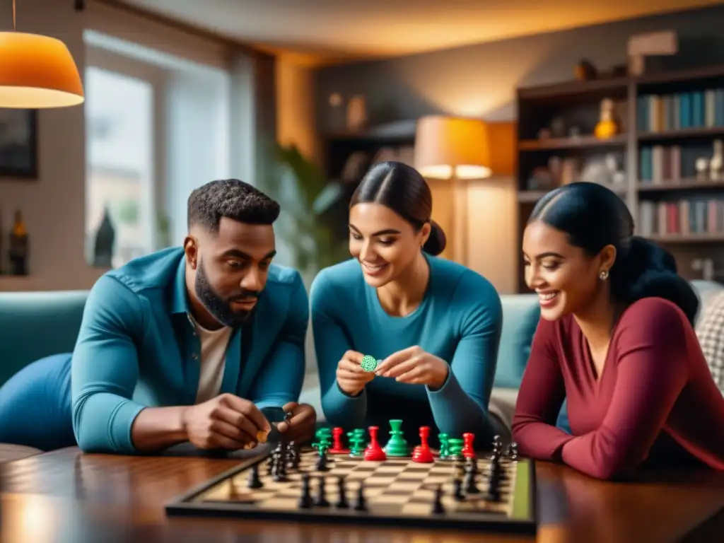 Emocionante juego de mesa en sala acogedora Grupo diverso disfruta de juegos de mesa en sala acogedora
