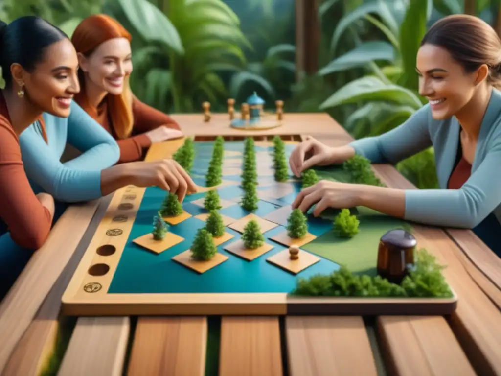 Un grupo diverso disfruta de juegos de mesa sostenibles ecológicos en un entorno natural