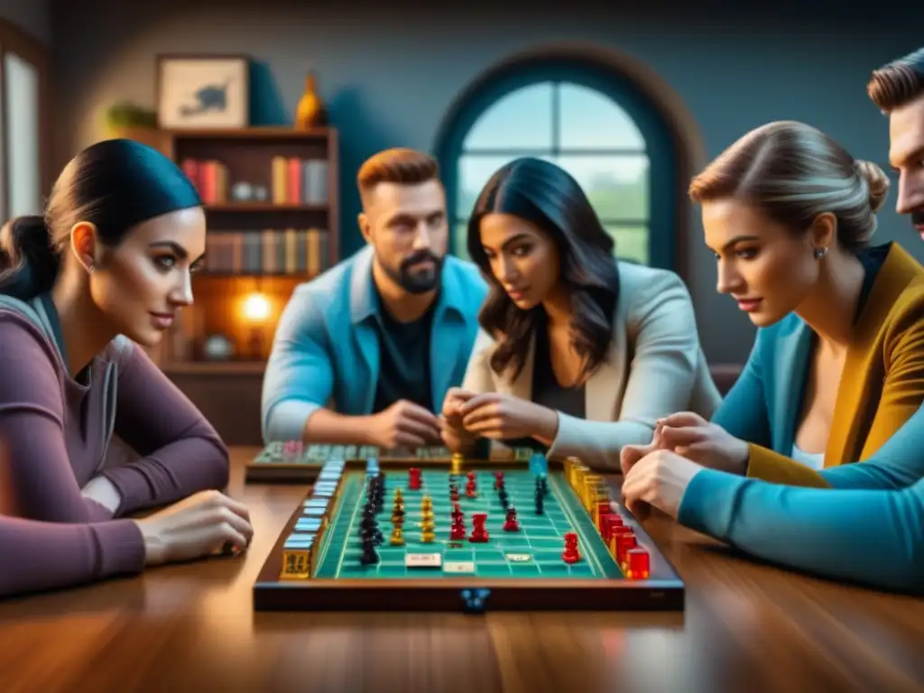 Grupo diverso juega juegos de mesa en ambiente acogedor