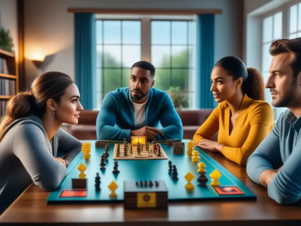Grupo diverso disfruta intensamente juegos de mesa en ambiente acogedor