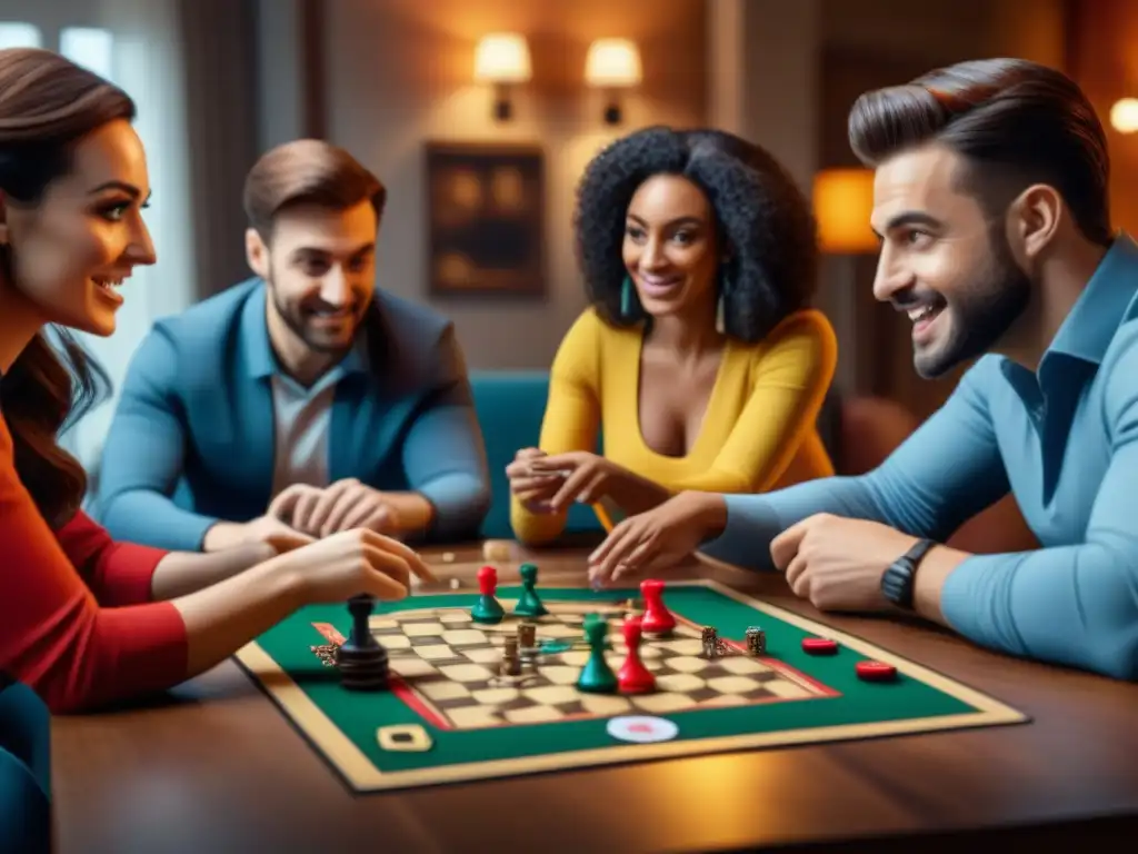 Un grupo diverso disfruta de juegos de mesa en una sala acogedora, mostrando emoción y estrategia