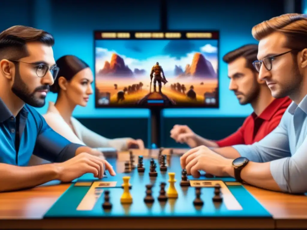 Competencia estratégica en café de juegos: diversidad y determinación Un grupo diverso compite en juegos de mesa y apps en un café moderno, fusionando lo clásico con lo digital