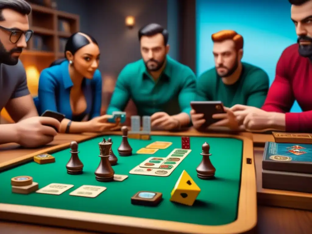 Grupo diverso disfruta de juegos de mesa con apps móviles, impactando en la socialización