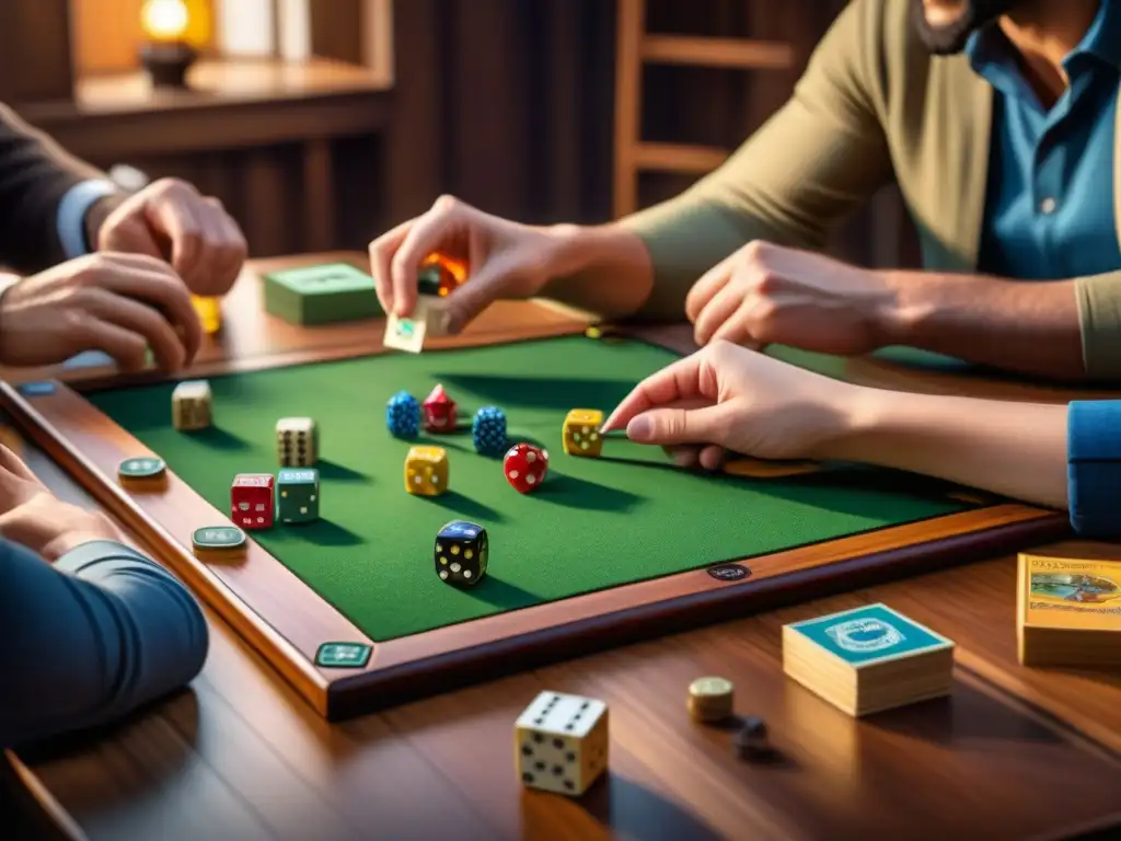 Grupo diverso disfruta de juegos de mesa en una mesa de madera, creando un ambiente cálido y vibrante