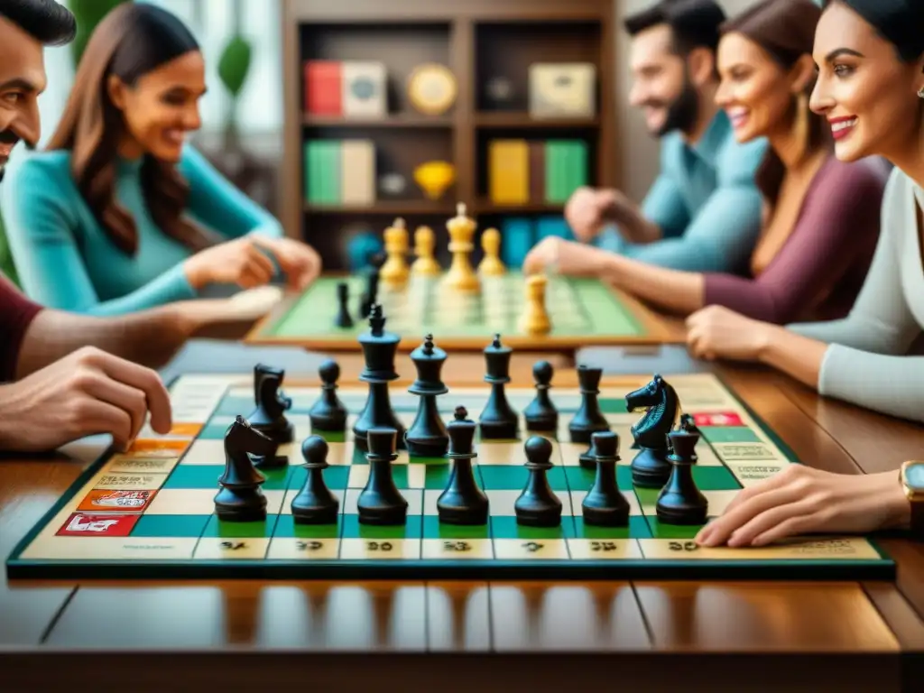 Grupo diverso disfruta de juegos de mesa clásicos como Monopoly, Scrabble y Ajedrez en ambiente acogedor