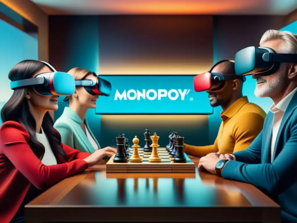 Un grupo diverso disfruta de juegos de mesa clásicos con realidad virtual en un escenario futurista