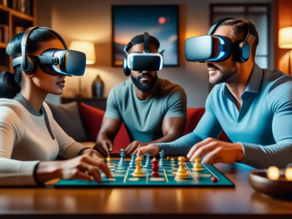 Un grupo diverso disfruta intensamente de juegos de mesa en realidad virtual en un ambiente futurista y acogedor