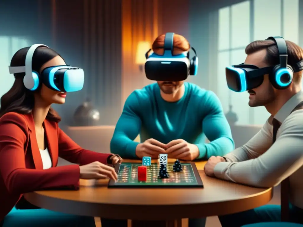 Grupo diverso disfruta de juegos de mesa en realidad virtual, inmersos y emocionados en un ambiente futurista y acogedor