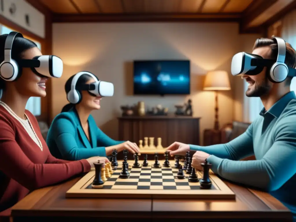 Un grupo diverso disfruta de juegos de mesa en una sala virtual acogedora