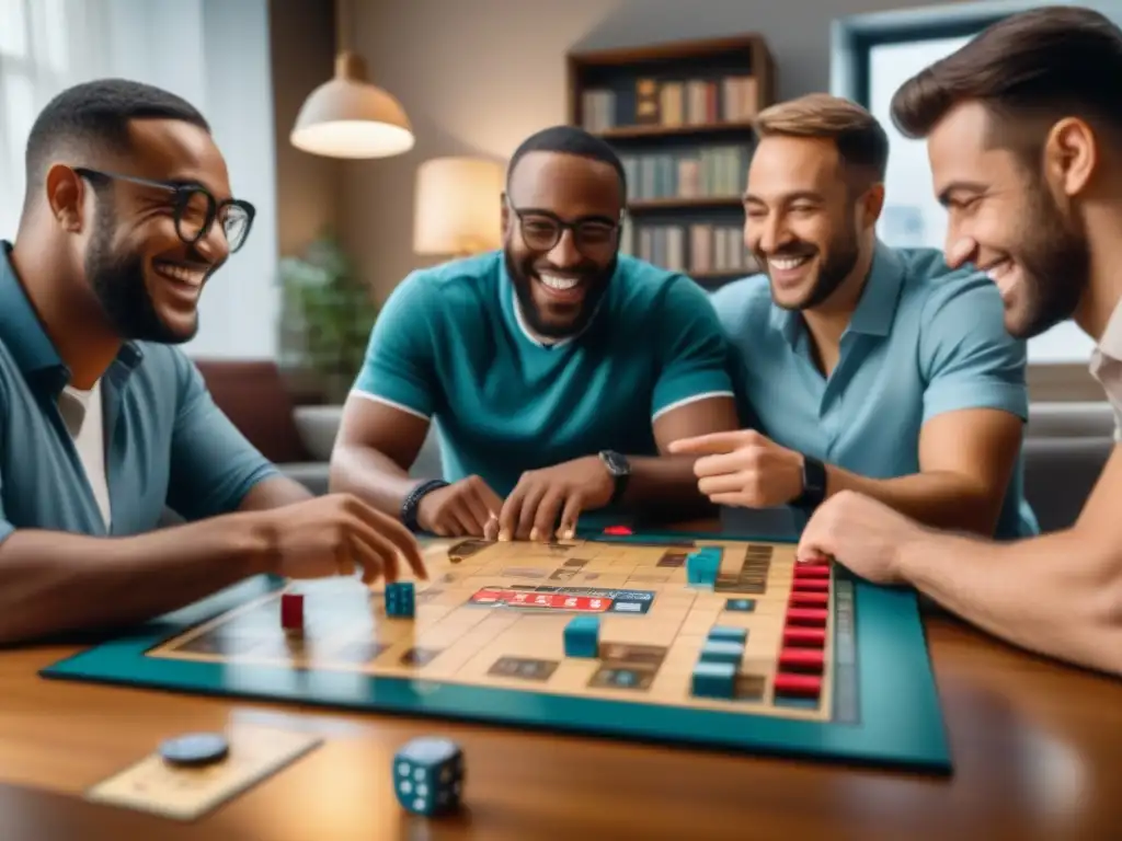 Un grupo diverso disfruta de juegos de mesa accesibles diseño, con piezas táctiles y braille, en un ambiente inclusivo