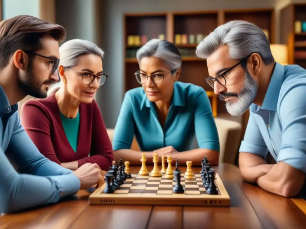 Grupo diverso juega juegos de mesa con concentración y determinación