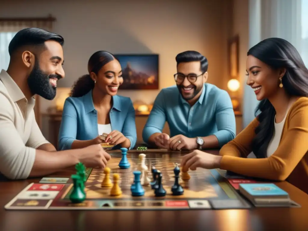 Grupo diverso disfrutando de juegos de mesa en ambiente acogedor