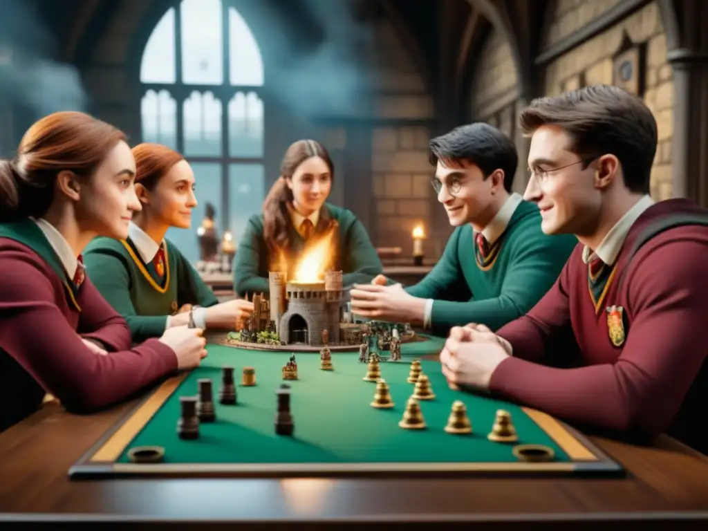 Un grupo diverso de jugadores apasionados disfrutan de Expansiones imprescindibles Harry Potter en una partida inmersiva de Hogwarts Battle