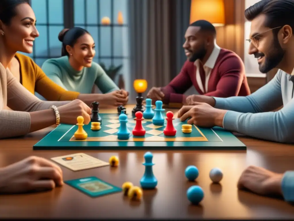 Un grupo diverso de jugadores apasionados participando en un juego estratégico de mesa, mostrando concentración y camaradería en una sala acogedora