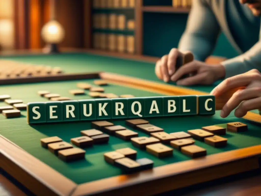 Un grupo diverso de jugadores concentrados en una partida de Scrabble en una acogedora sala llena de libros antiguos