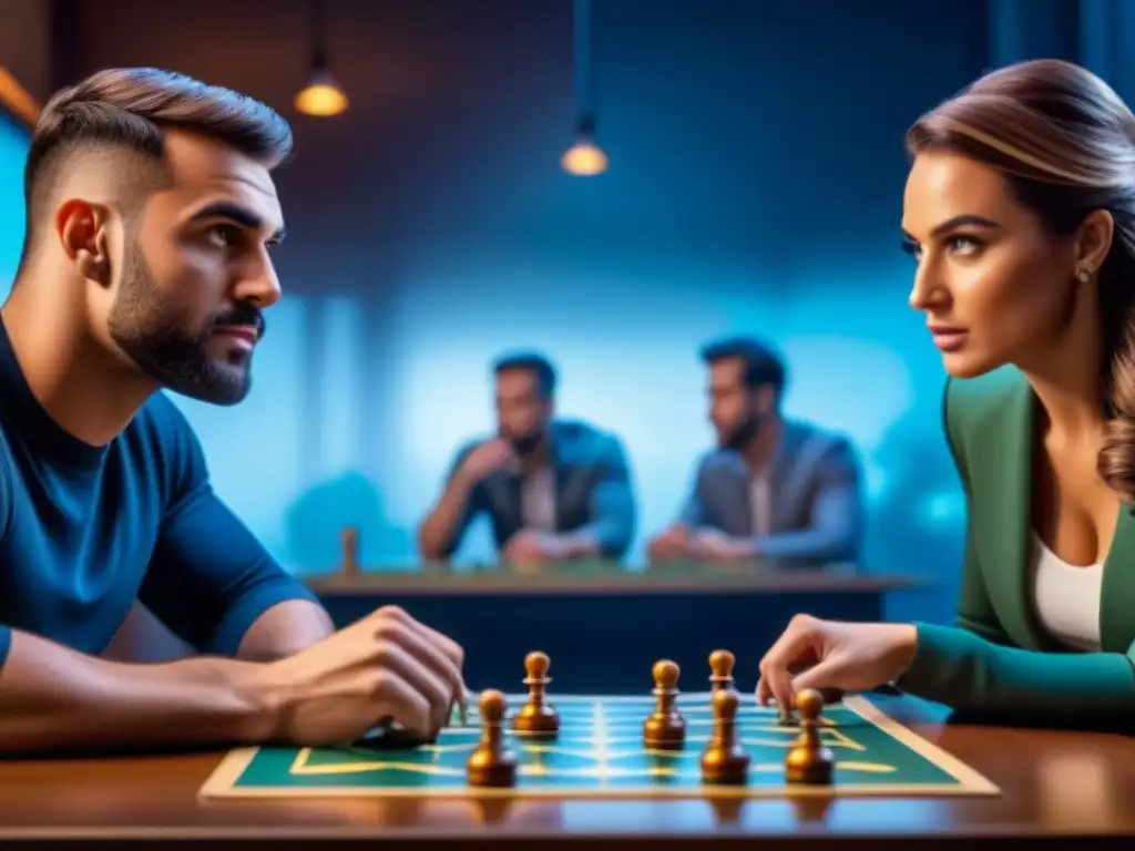 Juego de mesa estratégico: emoción y concentración entre jugadores diversos Un grupo diverso de jugadores concentrados y emocionados en un juego de mesa estratégico, mostrando la psicología del juego de mesa