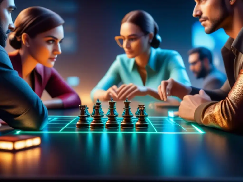 Grupo diverso de jugadores concentrados en juego de mesa futurista con piezas holográficas y tecnología blockchain