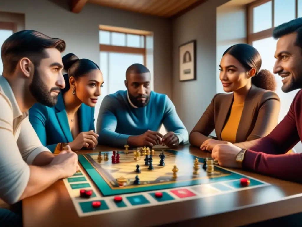 Grupo diverso de jugadores concentrados en juego de mesa único, iluminados por luz natural