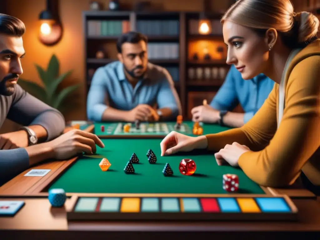 Grupo diverso de jugadores concentrados y emocionados en una partida de mesa en Tabletopia, creando un ambiente acogedor