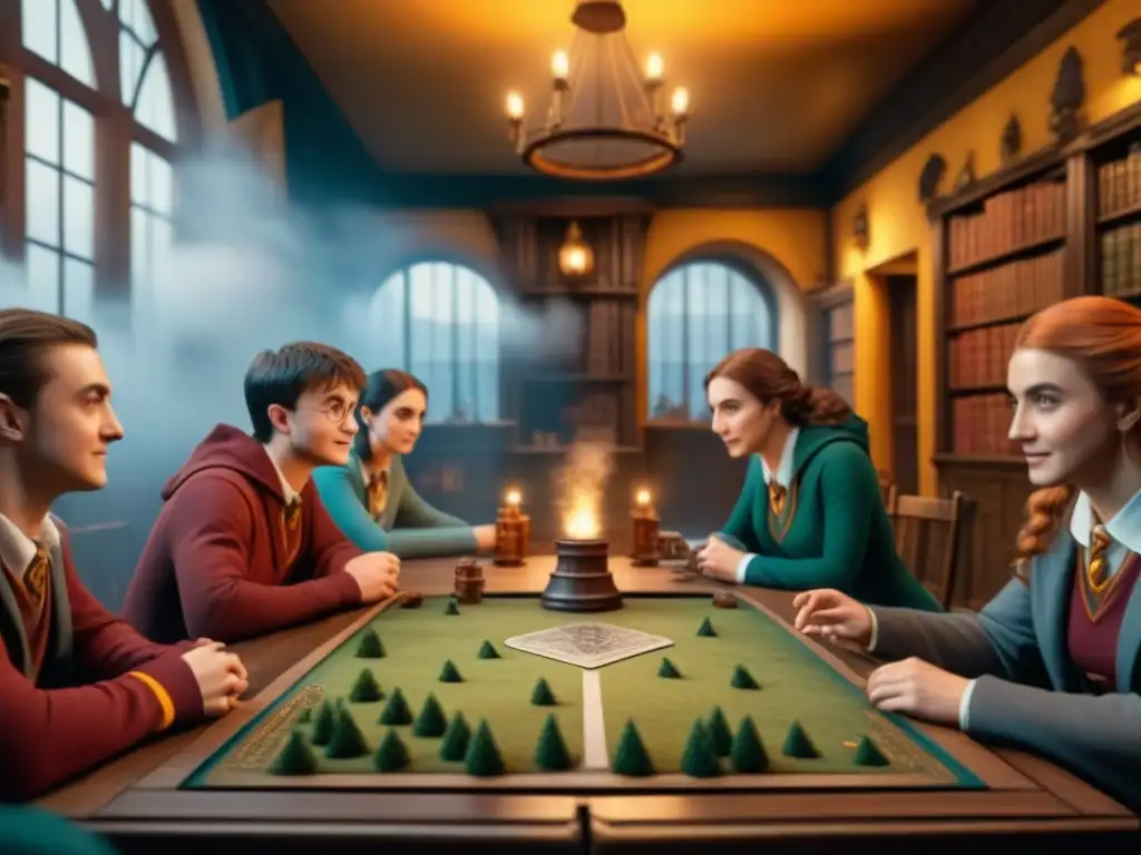 Un grupo diverso de jugadores concentrados en un juego de mesa de Harry Potter, rodeados de magia y emoción