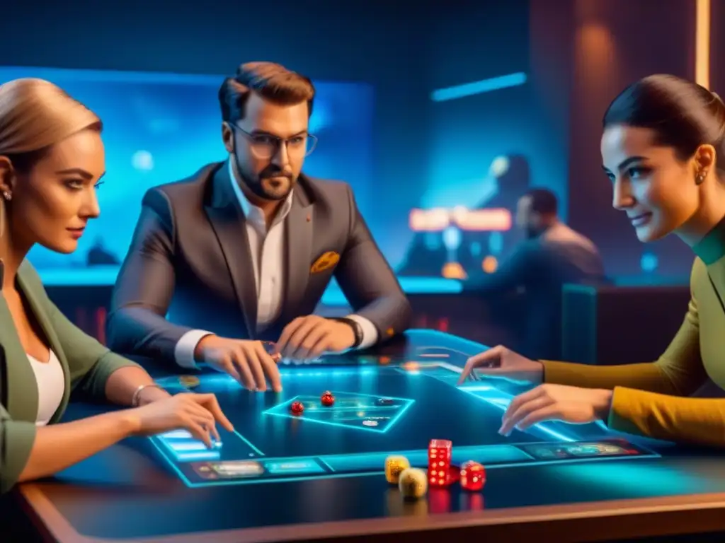 Grupo diverso de jugadores concentrados en un juego de mesa futurista con inteligencia artificial