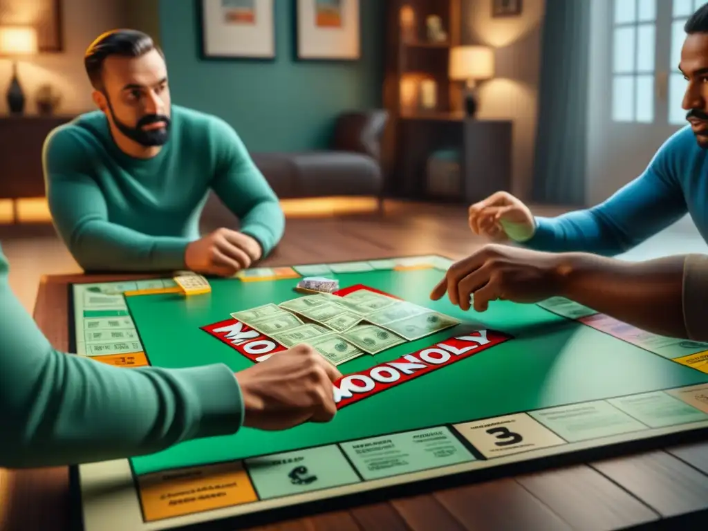 Un grupo diverso de jugadores intensamente concentrados en el juego de Monopoly, revelando estrategias en una atmósfera acogedora y competitiva