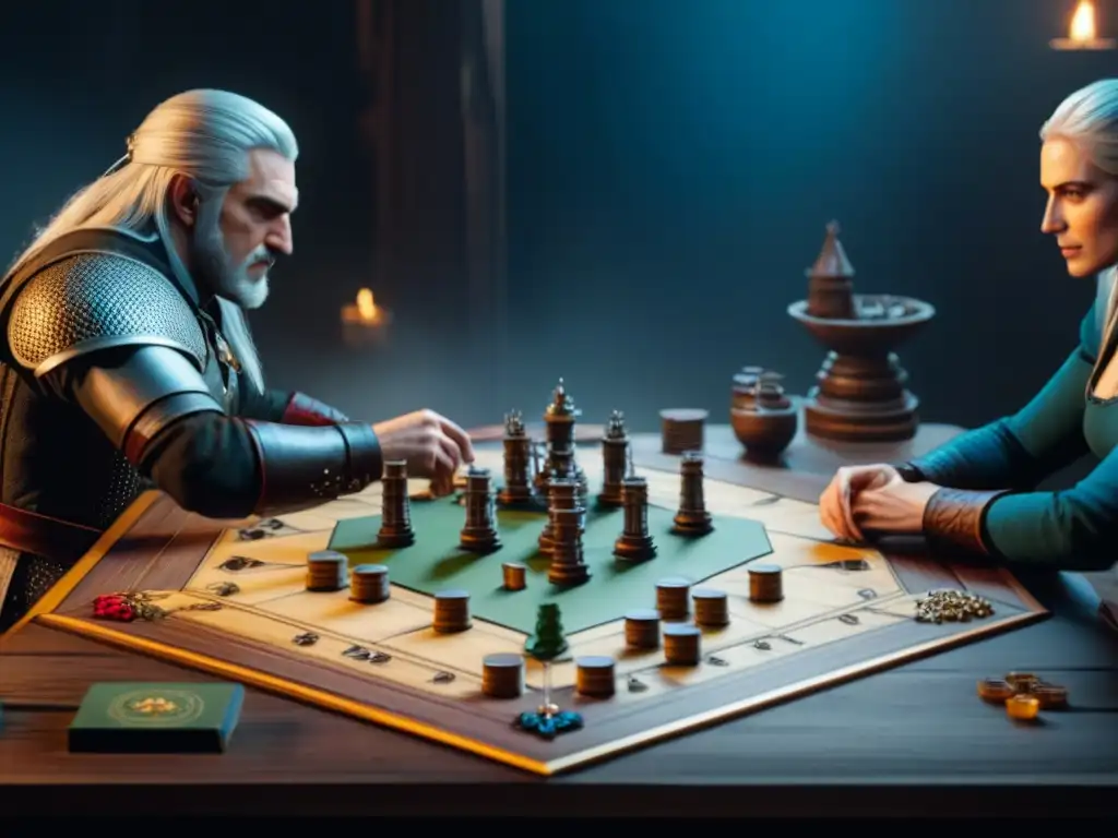 Grupo diverso de jugadores concentrados en estrategias de juego mesa The Witcher, inmersos en competencia y colaboración