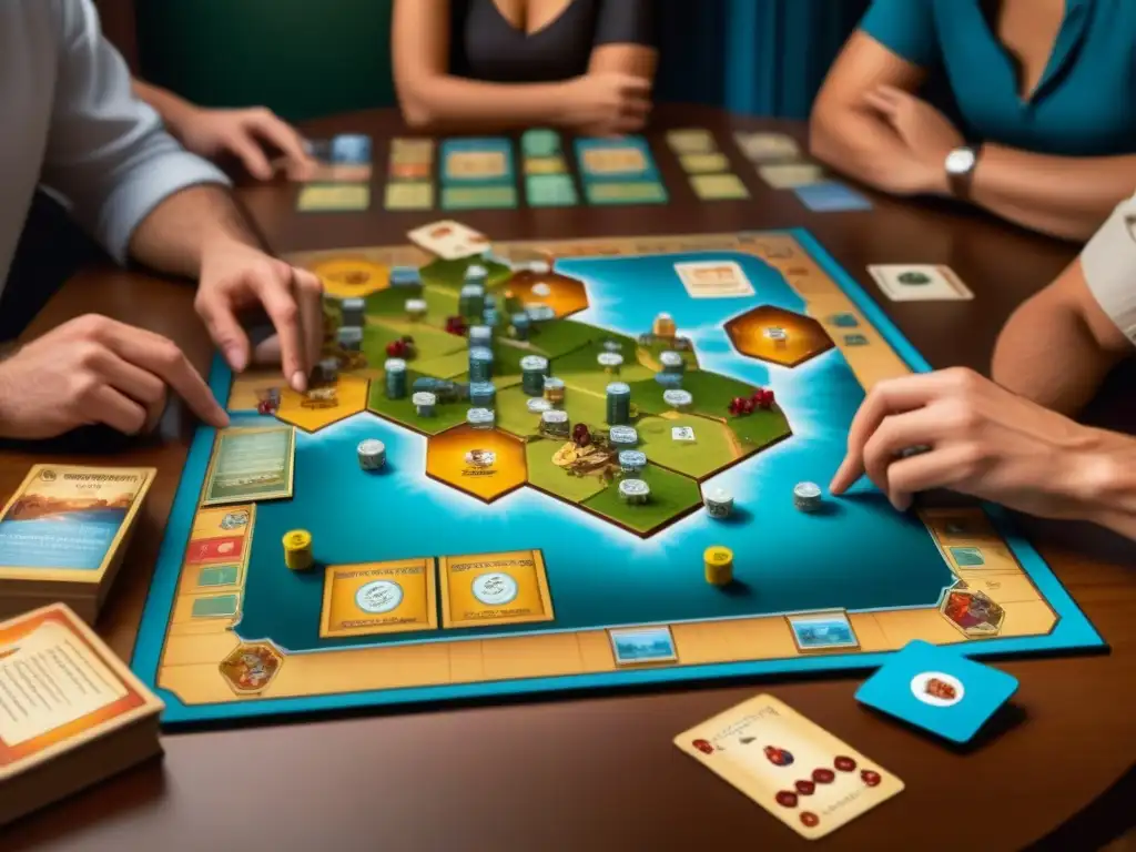 Un grupo diverso de jugadores concentrados en un apasionante juego de 'Catan: El Libro', rodeados de libros basados en juegos de mesa