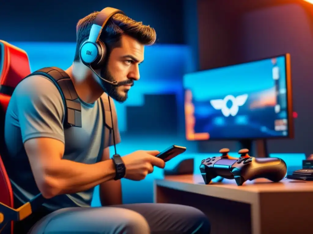 Grupo diverso de jugadores concentrados en juegos de diferentes plataformas, rodeados de accesorios de gaming