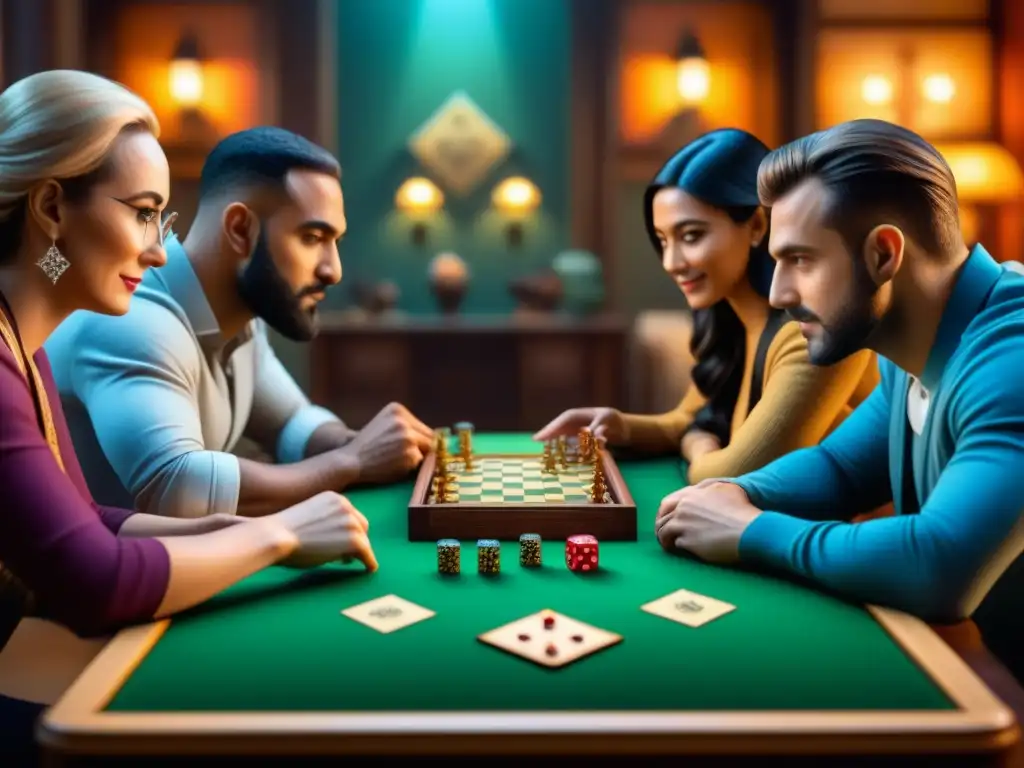 Juego de mesa artístico reúne a jugadores apasionados Un grupo diverso de jugadores concentrados en un juego de mesa de tesoros perdidos, sumergidos en emoción y camaradería