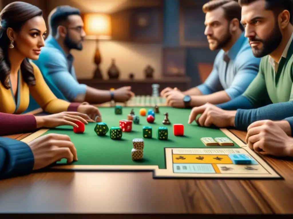 Grupo diverso de jugadores concentrados en juegos de mesa, demostrando estrategia y diversión