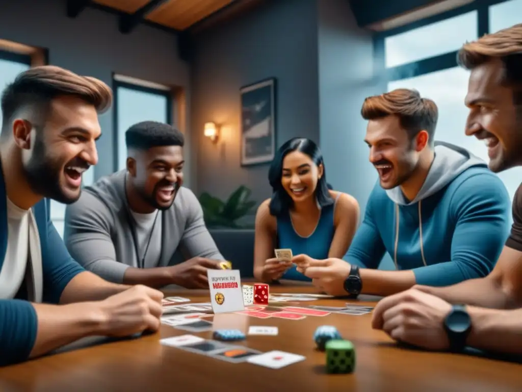 Grupo diverso de jugadores concentrados en una partida de Exploding Kittens, con estrategias disruptivas y ambiente tenso y emocionante