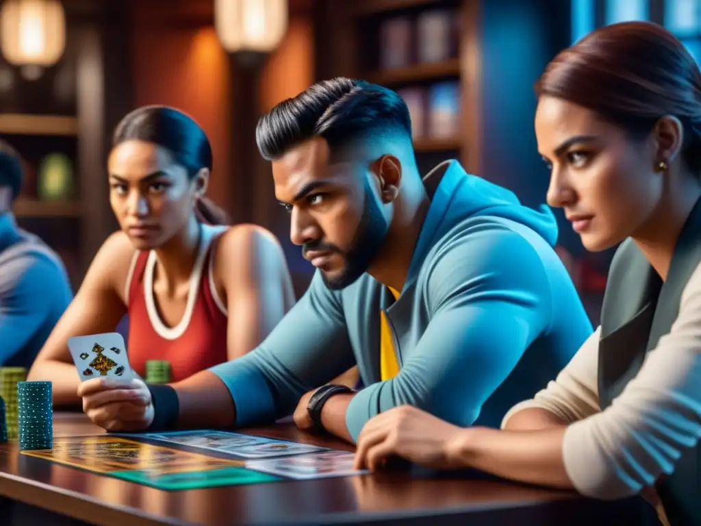 Jugadores inmersos en estrategias de Boss Monster en ambiente acogedor Un grupo diverso de jugadores concentrados en estrategias avanzadas Boss Monster, rodeados de cartas y un ambiente acogedor de juegos de mesa