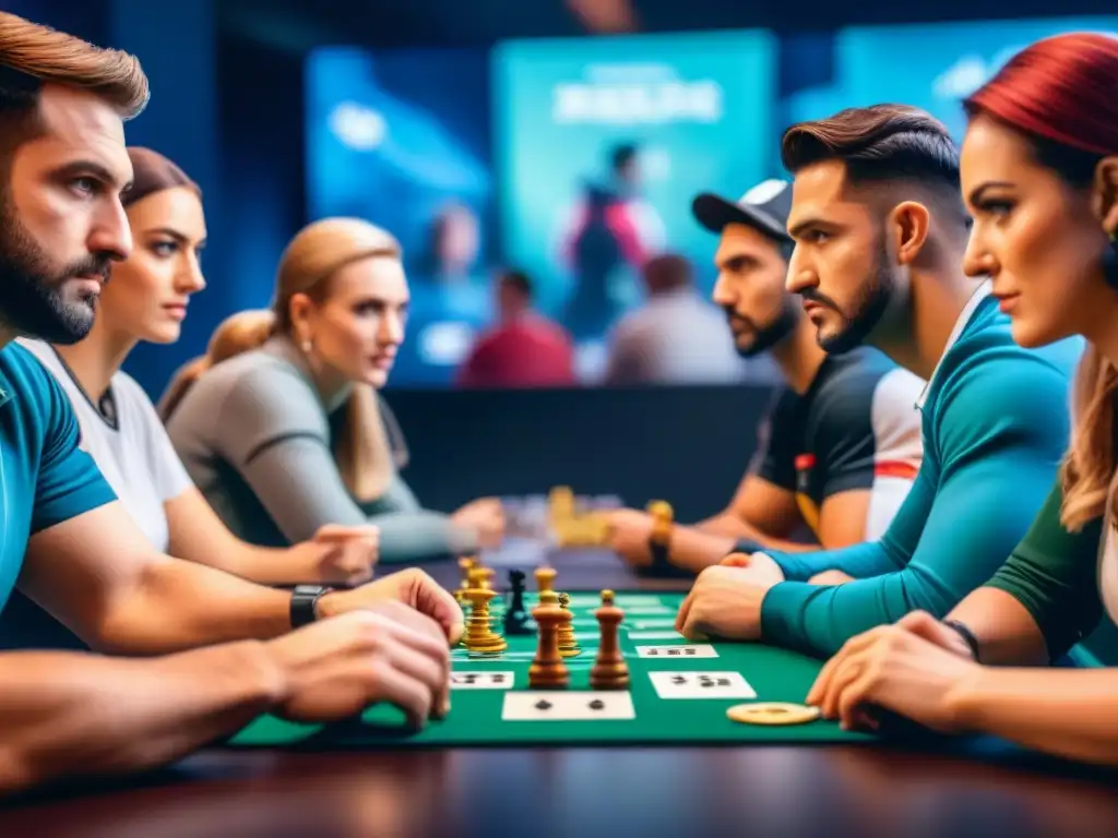 Grupo diverso de jugadores concentrados y determinados en torneo mundial de juegos de mesa