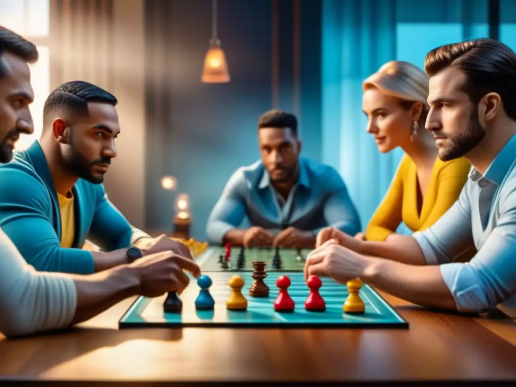 Grupo diverso de jugadores concentrados en estrategia y camaradería en juegos de mesa