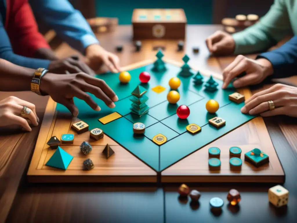 Un grupo diverso de jugadores de diferentes continentes se reúne alrededor de una mesa de madera jugando un juego de mesa raro e intrincado, con piezas y dados coloridos esparcidos