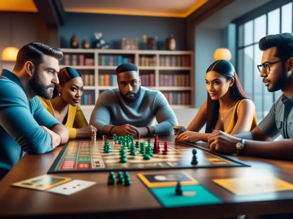 Sesión de juegos de mesa: diversión y estrategia en acción Un grupo diverso de jugadores analiza datos y estrategias en una mesa llena de juegos de mesa