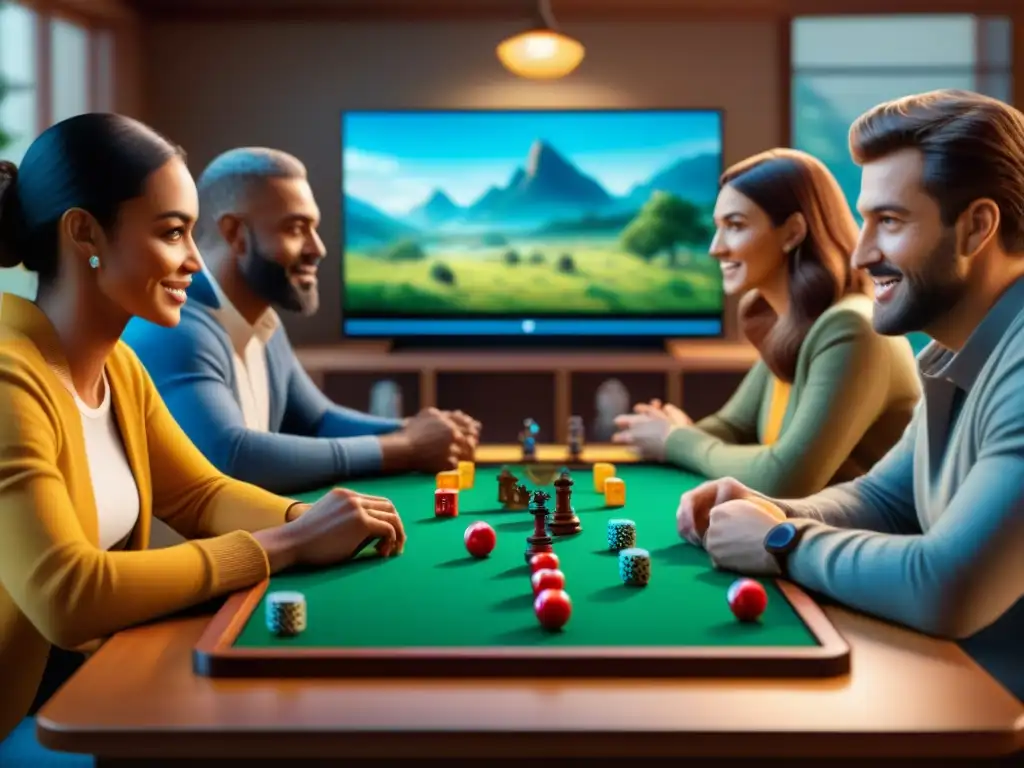 Un grupo diverso de jugadores disfruta con emoción un juego de mesa en Tabletopia juegos de mesa online