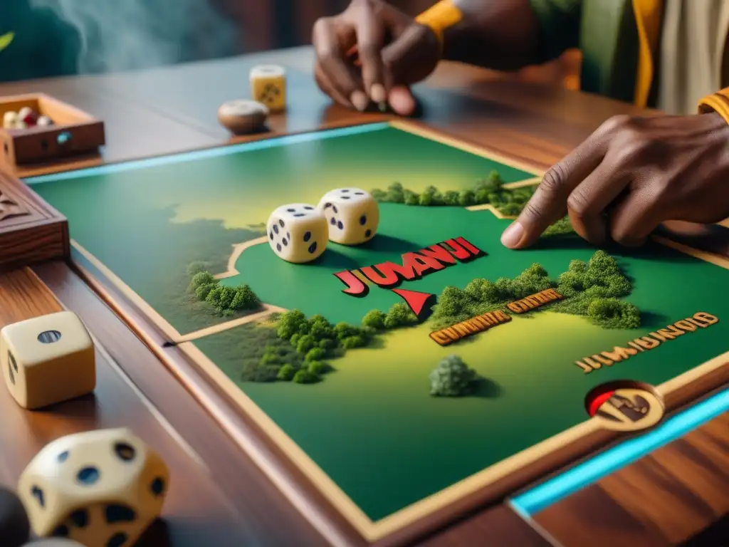 Un grupo diverso de jugadores disfruta de una emocionante partida del juego de mesa Jumanji en una mesa de madera