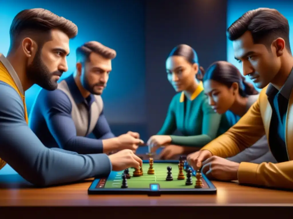 Grupo diverso de jugadores disfrutando con entusiasmo de un juego de mesa digital en un dispositivo móvil, mostrando camaradería y concentración