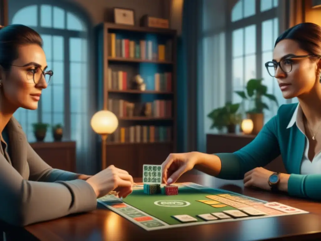 Un grupo diverso de jugadores concentra estrategias para juegos de mesa en acogedor salón iluminado