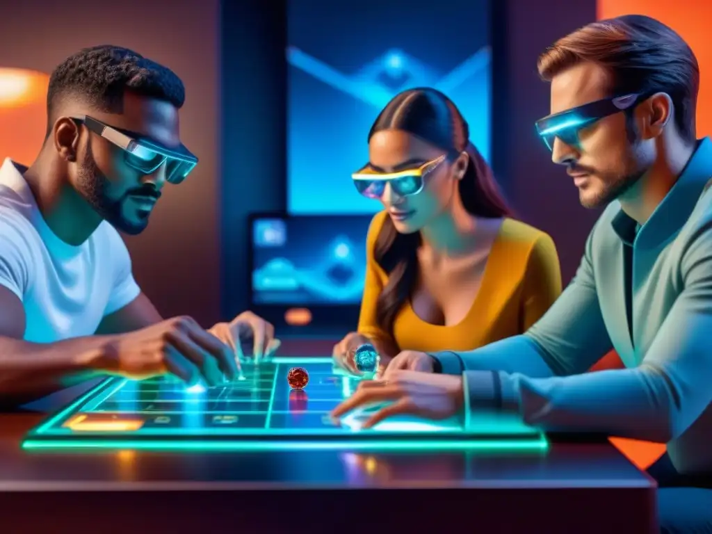 Grupo diverso de jugadores inmersos en un juego de mesa futurista con tecnología Blockchain