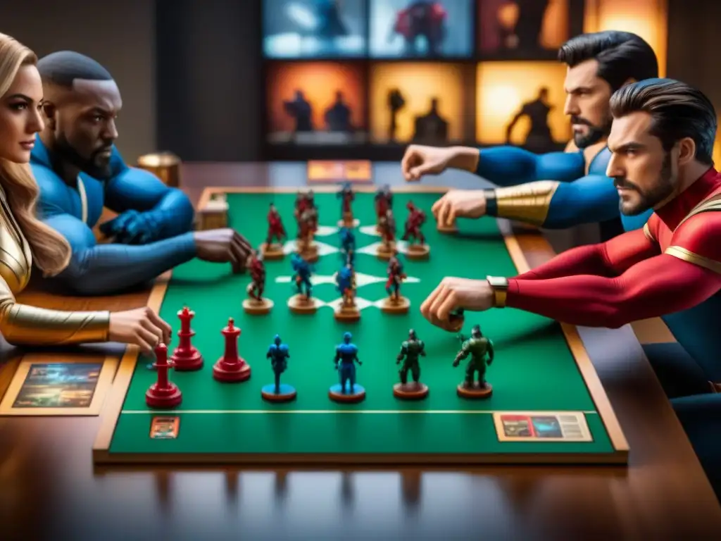 Grupo diverso de jugadores inmersos en un juego de mesa de Marvel, compartiendo estrategias y camaradería