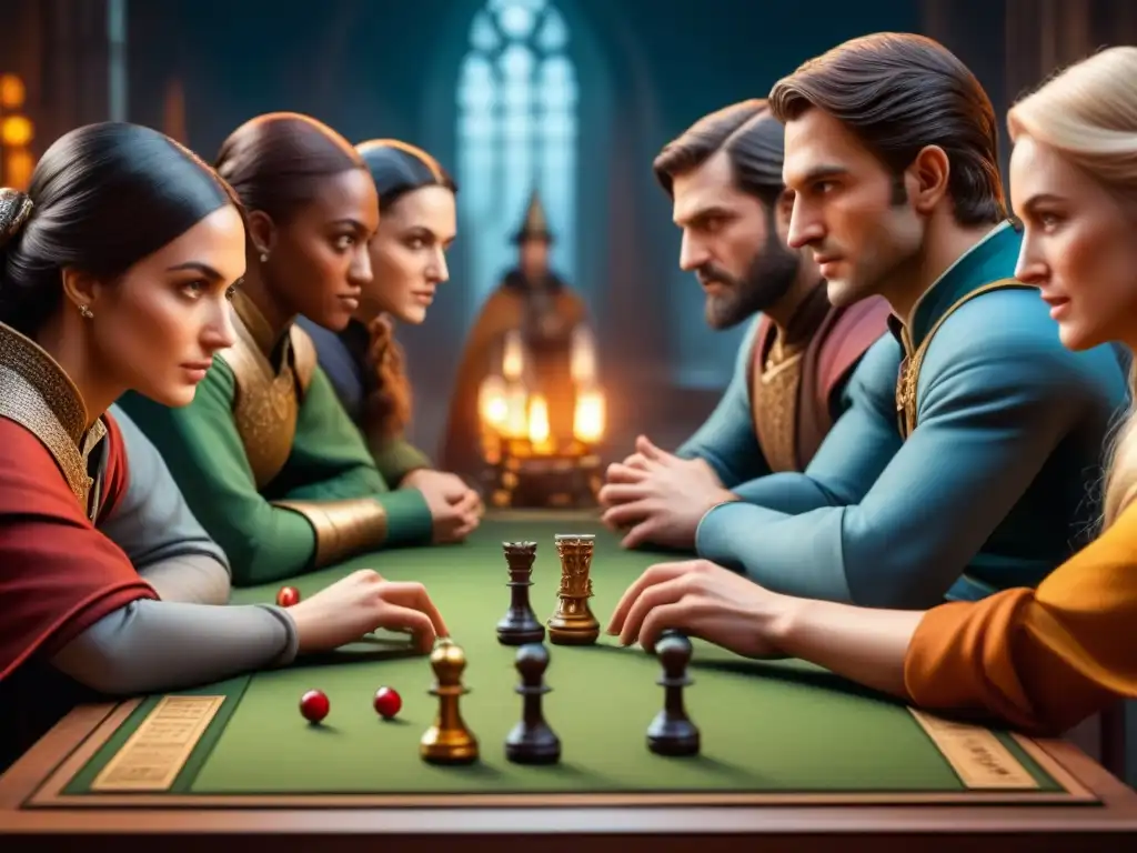 Épica inmersión: Jugadores diversos en juego de mesa medieval Grupo diverso de jugadores inmersos en un juego de mesa de fantasía medieval, evolución narrativa en juegos de tablero inmersivos